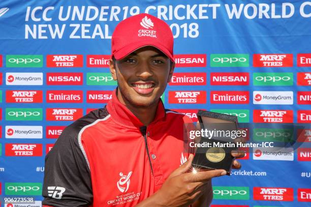 Akash Gill of Canada poses with the player of the match award at the ICC U19 Cricket World Cup match between Namibia and Canada at Bert Sutcliffe...