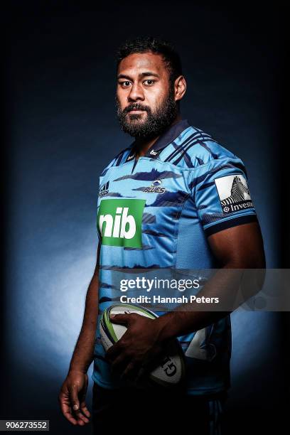 Patrick Tuipulotu poses during the Blues Super Rugby headshots session at Blues HQ on January 17, 2018 in Auckland, New Zealand.