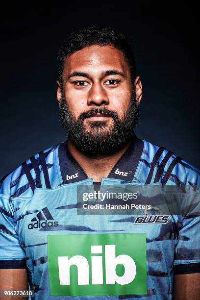 Patrick Tuipulotu poses during the Blues Super Rugby headshots session at Blues HQ on January 17, 2018 in Auckland, New Zealand.