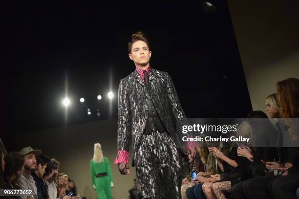 Model walks the runway during the Wolk Morais Collection 6 Fashion Show at The Hollywood Roosevelt Hotel on January 17, 2018 in Los Angeles,...