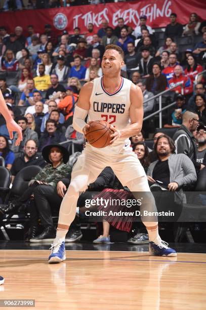 Blake Griffin of the LA Clippers handles the ball against the Denver Nuggets on January 17, 2018 at STAPLES Center in Los Angeles, California. NOTE...