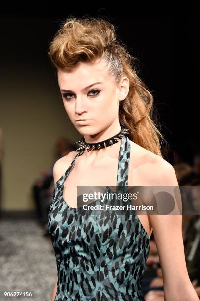 Model walks runway during the Wolk Morais Collection 6 Fashion Show at The Hollywood Roosevelt Hotel on January 17, 2018 in Los Angeles, California.