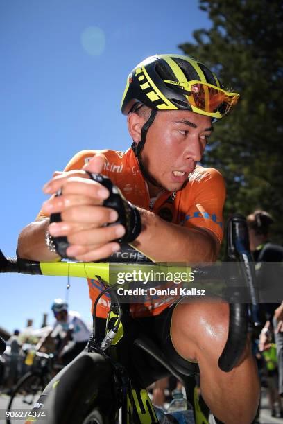 Caleb Ewan of Australia and Mitchelton-Scott looks on dejected after stage three of the 2018 Tour Down Under on January 18, 2018 in Adelaide,...