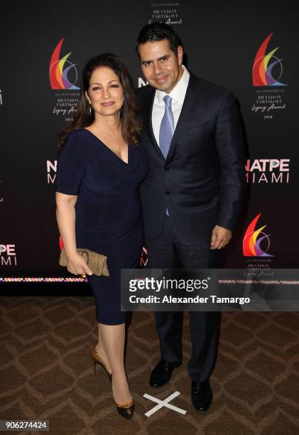 Gloria Estefan and Cesar Conde are seen at the Brandon Tartikoff Legacy Awards at NATPE 2018 at the Fontainebleau Hotel on January 17, 2018 in Miami...