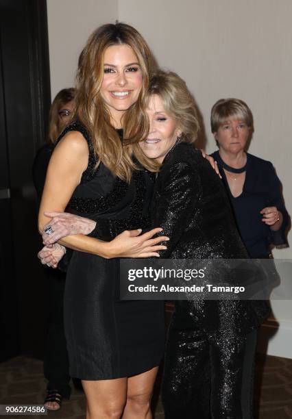 Maria Menounos and Jane Fonda are seen at the Brandon Tartikoff Legacy Awards at NATPE 2018 at the Fontainebleau Hotel on January 17, 2018 in Miami...