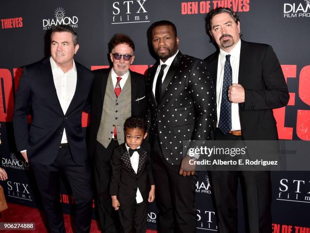 Tucker Tooley, Mark Canton, Sire Jackson, 50 Cent and Christian Gudegast attend the premiere of STX Films' "Den of Thieves" at Regal LA Live Stadium...
