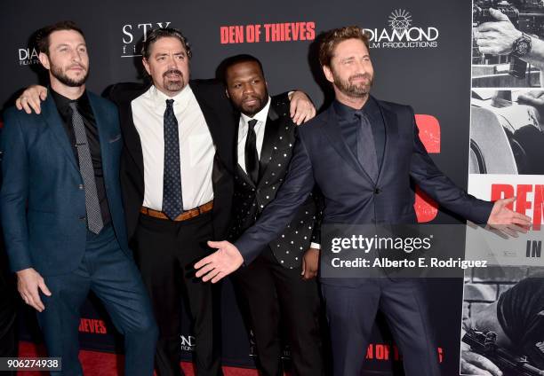 Pablo Schreiber, Christian Gudegast, 50 Cent and Gerard Butler attend the premiere of STX Films' "Den of Thieves" at Regal LA Live Stadium 14 on...