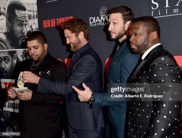 Shea Jackson Jr., Gerard Butler, Pablo Schreiber and 50 Cent attend the premiere of STX Films' "Den of Thieves" at Regal LA Live Stadium 14 on...