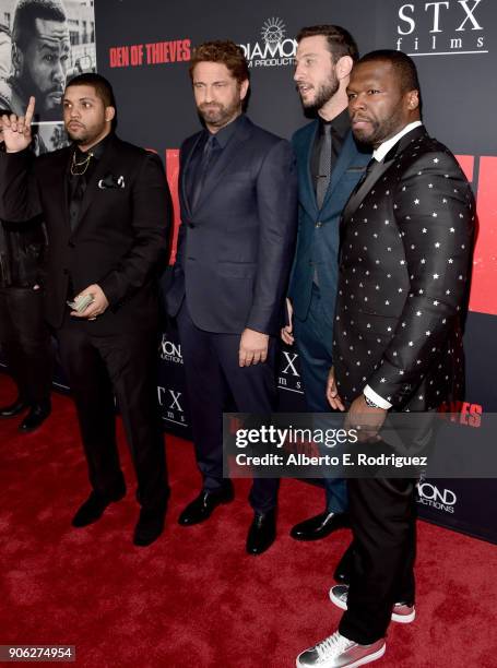 Shea Jackson Jr., Gerard Butler, Pablo Schreiber and 50 Cent attend the premiere of STX Films' "Den of Thieves" at Regal LA Live Stadium 14 on...