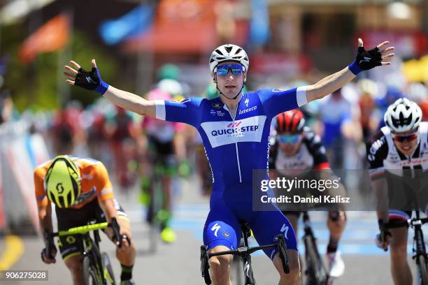 Elia Viviani of Italy and Quick-Step Floors crosses the finish line ahead of Caleb Ewan of Australia and Mitchelton-Scott during stage three of the...