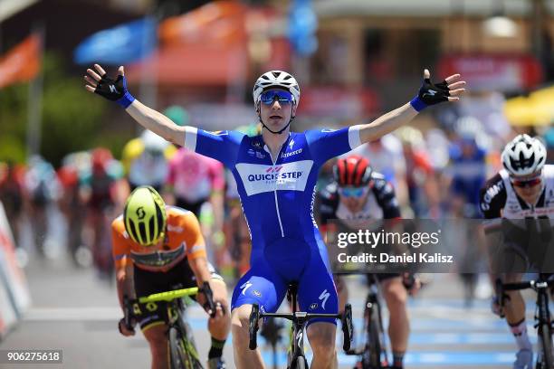 Elia Viviani of Italy and Quick-Step Floors crosses the finish line ahead of Caleb Ewan of Australia and Mitchelton-Scott during stage three of the...