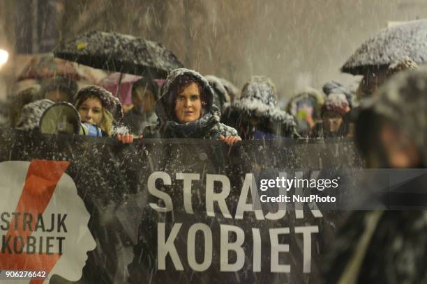 Activists during 'Black Wednesday' - a nationwide Polish women protest on abortion. On Wednesday, January 17 in Krakow, Poland.