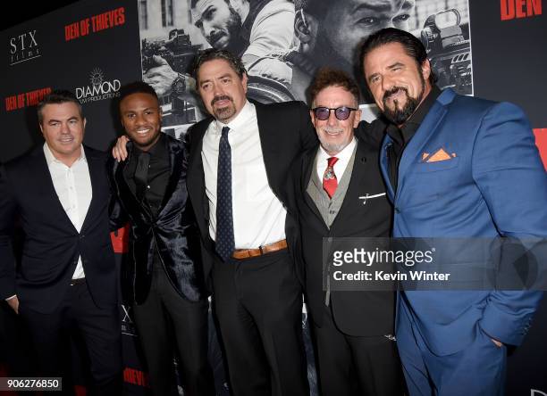 Tucker Tooley, Ron J. Rock, Christian Gudegast, Mark Canton and Marcus LaVoi attend the premiere of STX Films' "Den of Thieves" at Regal LA Live...
