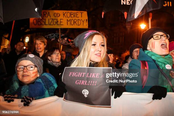 Women and supporters march in a protest 'Women's Strike' in Krakow, Poland on 17 January, 2018. Participants protested against attempts of Polish...