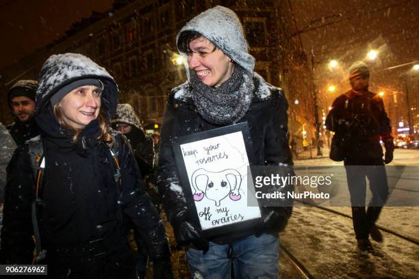Women and supporters march in a protest 'Women's Strike' in Krakow, Poland on 17 January, 2018. Participants protested against attempts of Polish...