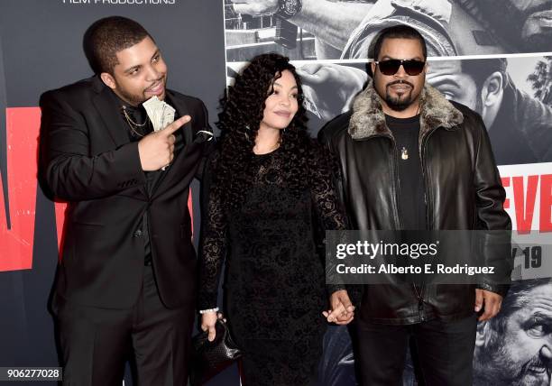 Actor O'Shea Jackson Jr. With parents Kimberly Woodruff and O'Shea 'Ice Cube' Jackson attend the premiere of STX Films' "Den of Thieves" at Regal LA...