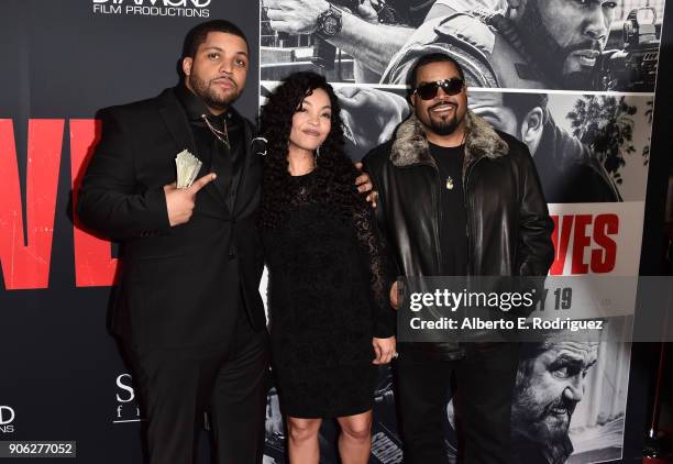 Actor O'Shea Jackson Jr. With parents Kimberly Woodruff and O'Shea 'Ice Cube' Jackson attend the premiere of STX Films' "Den of Thieves" at Regal LA...