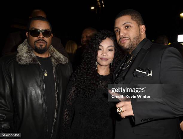 Actor O'Shea Jackson Jr. With parents O'Shea 'Ice Cube' Jackson and Kimberly Woodruff attend the premiere of STX Films' "Den of Thieves" at Regal LA...