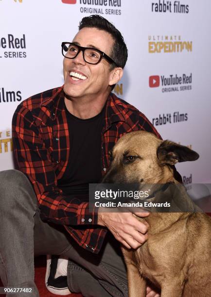 Actor Steve-O and his rescue dog Wendy arrive at YouTube Red's premiere party for "Ultimate Expedition" at a private residence on January 17, 2018 in...
