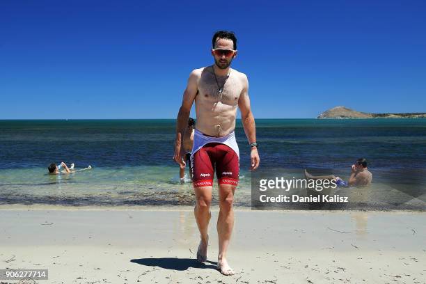 Nathan Haas of Australia and Team Katusha Alpecin cools off at the beach after stage three of the 2018 Tour Down Under on January 18, 2018 in...