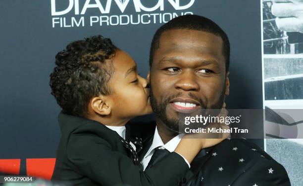 Curtis "50 Cent" Jackson and his son, Sire Jackson arrive to Los Angeles premiere of STX Films' "Den Of Thieves" held at Regal LA Live Stadium 14 on...