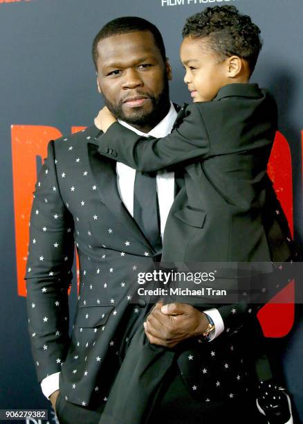 Curtis "50 Cent" Jackson and his son, Sire Jackson arrive to Los Angeles premiere of STX Films' "Den Of Thieves" held at Regal LA Live Stadium 14 on...