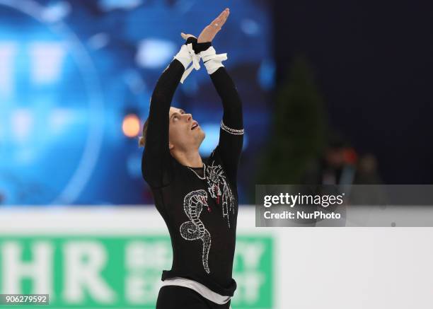 Figure skater Michal Brezina of Czech Republic performs his short program during a men's singles competition at the 2018 ISU European Figure Skating...