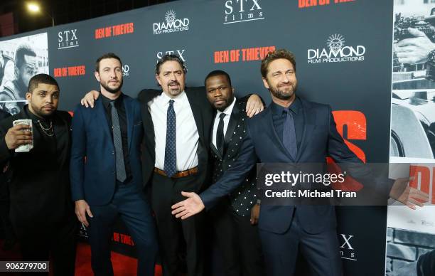 Shea Jackson Jr., Pablo Schreiber, Christian Gudegast, Curtis "50 Cent" Jackson and Gerard Butler arrive to Los Angeles premiere of STX Films' "Den...