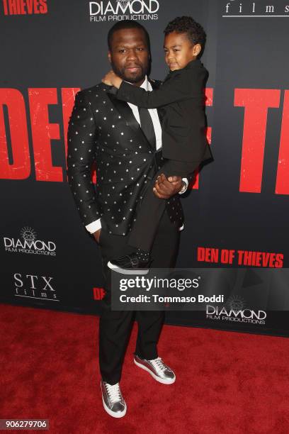 Curtis 50 CENT Jackson and Sire Jackson attend the Premiere Of STX Films' "Den Of Thieves" at Regal LA Live Stadium 14 on January 17, 2018 in Los...