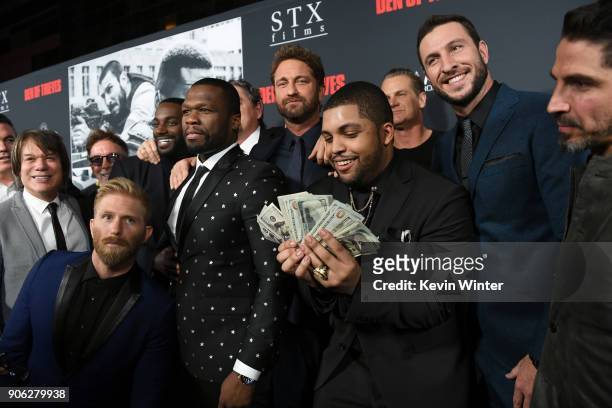Shea Jackson Jr., Gerard Butler, Pablo Schreiber, 50 Cent and cast attend the premiere of STX Films' "Den of Thieves" at Regal LA Live Stadium 14 on...