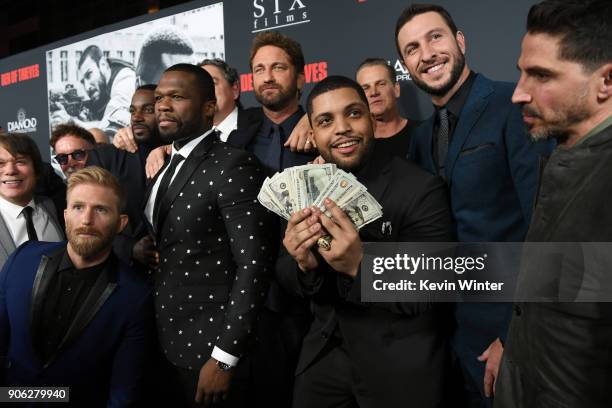 Shea Jackson Jr., Gerard Butler, Pablo Schreiber, 50 Cent and cast attend the premiere of STX Films' "Den of Thieves" at Regal LA Live Stadium 14 on...