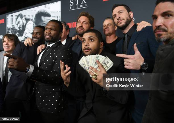 Shea Jackson Jr., Gerard Butler, Pablo Schreiber, 50 Cent and cast attend the premiere of STX Films' "Den of Thieves" at Regal LA Live Stadium 14 on...