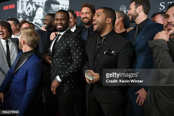 Shea Jackson Jr., Gerard Butler, Pablo Schreiber, 50 Cent and cast attend the premiere of STX Films' "Den of Thieves" at Regal LA Live Stadium 14 on...