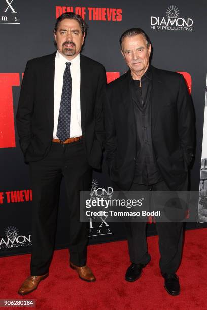 Christian Gudegast and Eric Braeden attend the Premiere Of STX Films' "Den Of Thieves" at Regal LA Live Stadium 14 on January 17, 2018 in Los...
