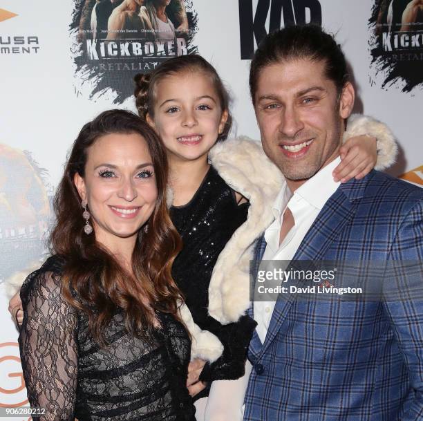 Actor Alain Moussi and family attend the premiere of Well Go USA Entertainment's "Kickboxer: Retaliation" at ArcLight Cinemas on January 17, 2018 in...