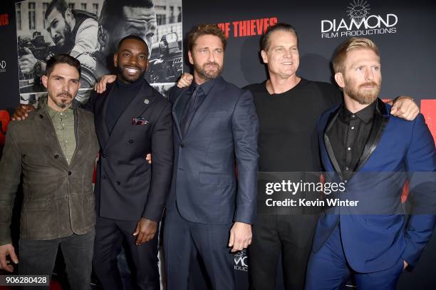 Maurice Compte, Mo McRae, Gerard Butler, Brian Van Holt and Kaiwi Lyman-Mersereau attend the premiere of STX Films' "Den of Thieves" at Regal LA Live...