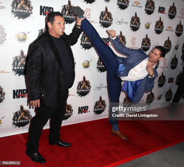 Director Dimitri Logothetis and actor Alain Moussi attend the premiere of Well Go USA Entertainment's "Kickboxer: Retaliation" at ArcLight Cinemas on...