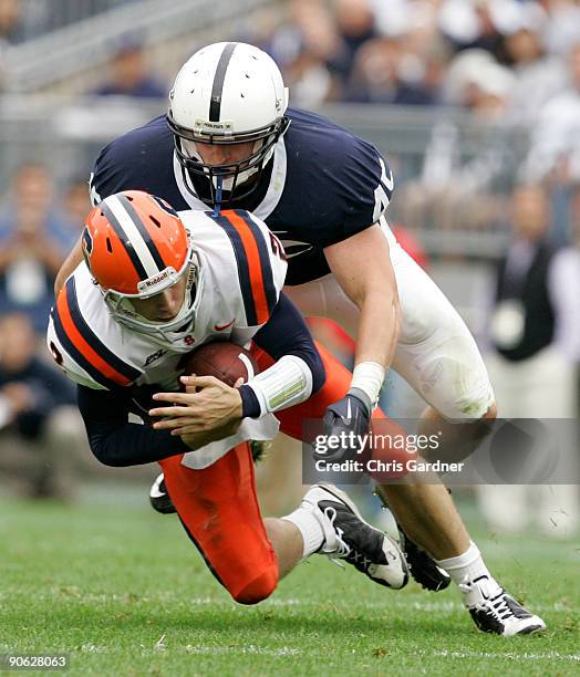 Linebacker Sean Lee of the Penn State Nittany Lions sacks quarterback Greg Paulus of the Syracuse Orangemen during the second half at Beaver Stadium...