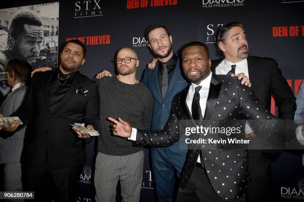 Shea Jackson Jr., Evan Jones, Pablo Schreiber, 50 Cent and Christian Gudegast attend the premiere of STX Films' "Den of Thieves" at Regal LA Live...