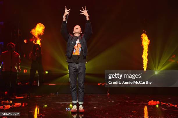 Recording Artist Macklemore appears on stage as WeWork presents Creator Awards Global Finals at the Theater At Madison Square Garden on January 17,...