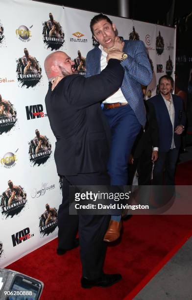 Strongman Brian Shaw and actor Alain Moussi attend the premiere of Well Go USA Entertainment's "Kickboxer: Retaliation" at ArcLight Cinemas on...