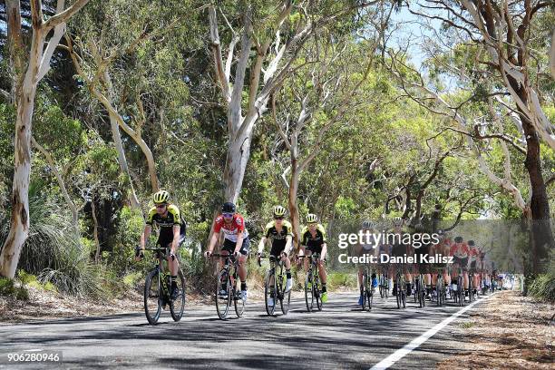 Riders compete through Willunga during stage three of the 2018 Tour Down Under on January 18, 2018 in Adelaide, Australia.