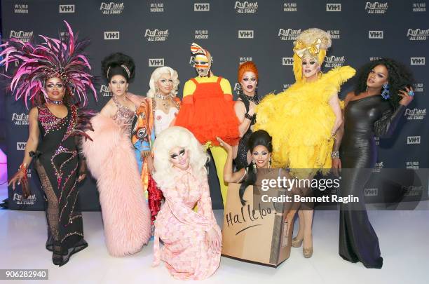 Contestants Kennedy Davenport, BenDeLaCreme, Aja, Trixie Mattel, Milk, Shagela, Morgan McMichaels, Thorgy Thor, and Chi Chi DeVayne attend "RuPaul's...