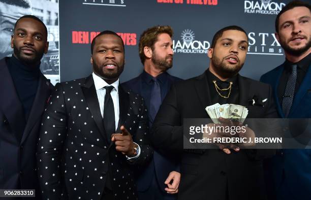 Actors Mo McRae, Curtis "50 Cent" Jackson, Gerard Butler, O'Shea Jackson Jr. And Pablo Schreiber arrive for the premiere of the film "Den of Thieves"...