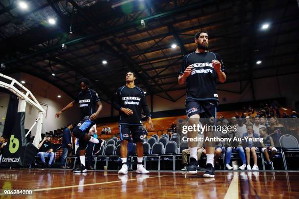 Rakeem Christmas, Mika Vukona and Jordan Ngatai of the Breakers during warm up prior to the round 16 NBL match between the New Zealand Breakers and...