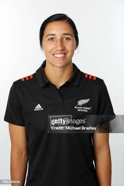 Sarah Goss poses during the New Zealand Women's Rugby Sevens Portrait Session at The Mount at the High Performance Centre on January 15, 2018 in...