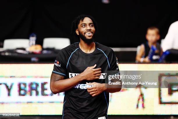 Rakeem Christmas of the Breakers prepares for his home game debut prior to the round 16 NBL match between the New Zealand Breakers and Melbourne...