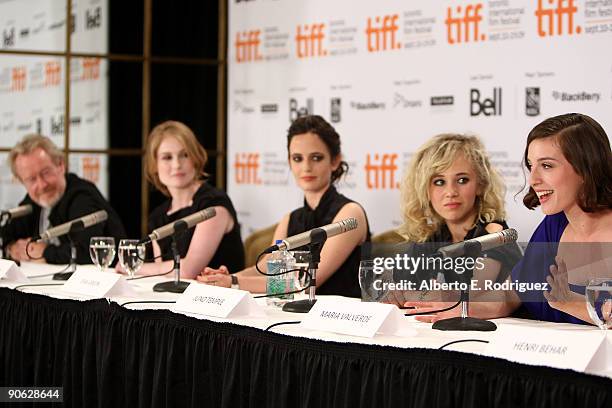 Directors Ridley Scott, Jordan Scott, actresses Eva Green, Juno Temple and Maria Valverde speak onstage at the "Cracks" press conference held at the...