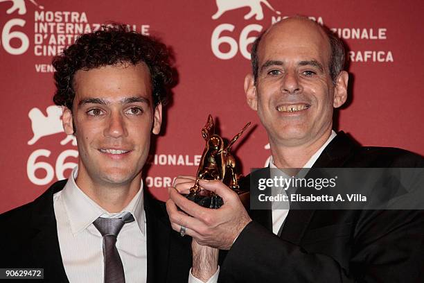 Director Samuel Maoz holds the Golden Lion award next to Yoav Donat during the Closing Ceremony Photocall at the Sala Grande during the 66th Venice...