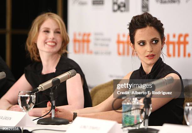 Director Jordan Scott and actress Eva Green speak onstage at the "Cracks" press conference held at the Sutton Place Hotel on September 12, 2009 in...